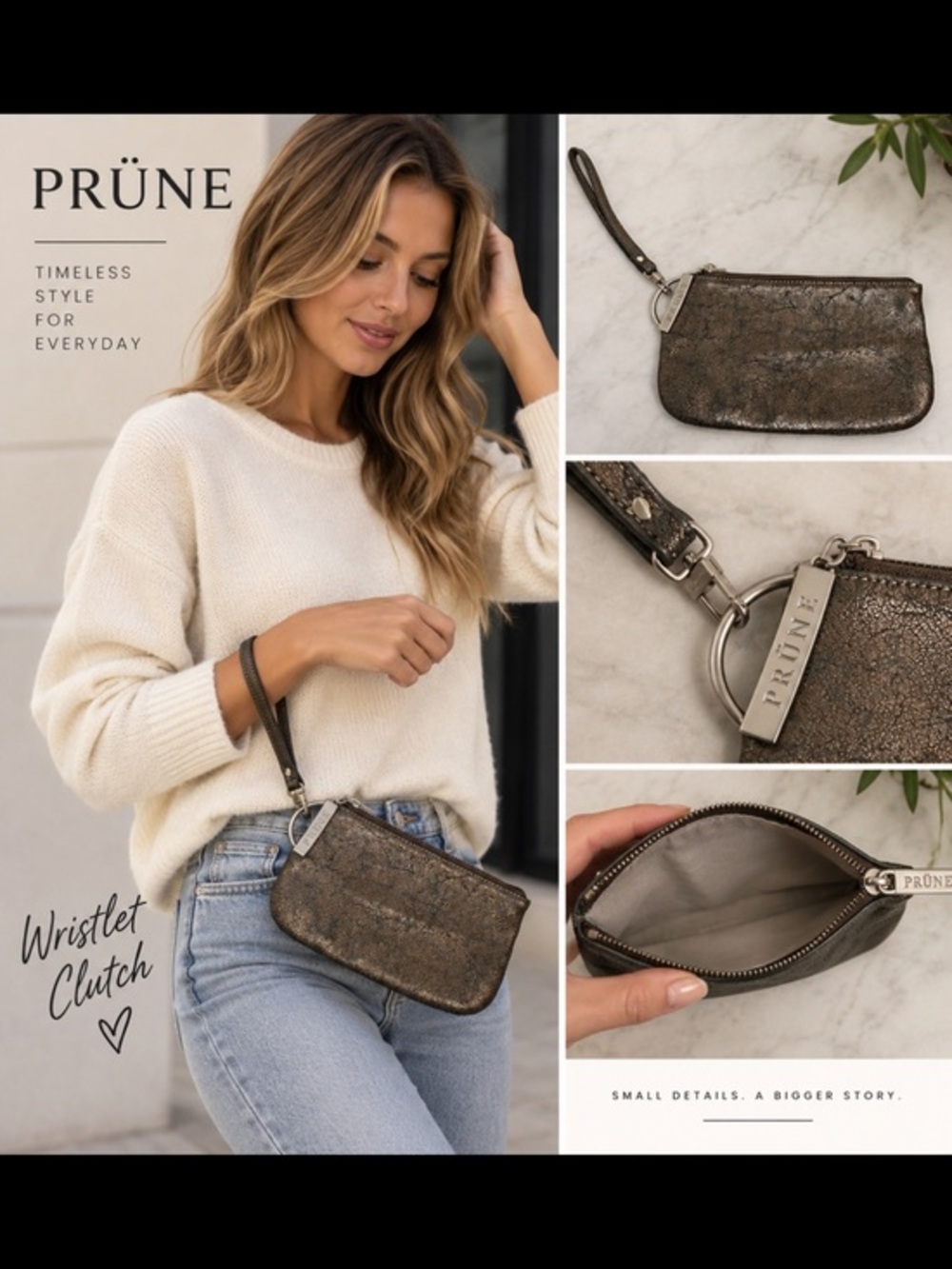 Prüne Metallic Bronze Wristlet Clutch Zip Pouch Handbag